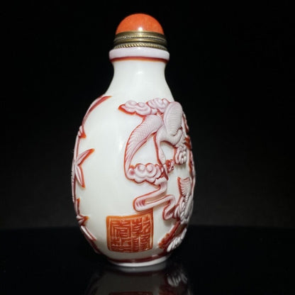 collections Old Beijing chinese glass snuff bottle carved crane statue deer nice
