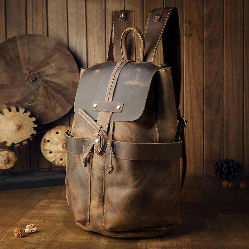 Crazy Horse Leather Drawstring Backpack, Men's Travel Bag, 15.6" Laptop Daypack