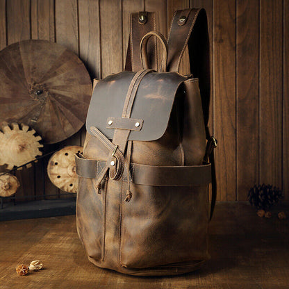 Crazy Horse Leather Drawstring Backpack, Men's Travel Bag, 15.6" Laptop Daypack