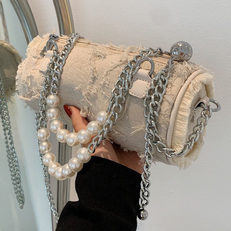 Pearl Chain Shoulder Bag Handbag Messenger Hand Cylinder Bag Purse 21*10*10 CM