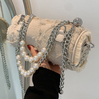 Pearl Chain Shoulder Bag Handbag Messenger Hand Cylinder Bag Purse 21*10*10 CM