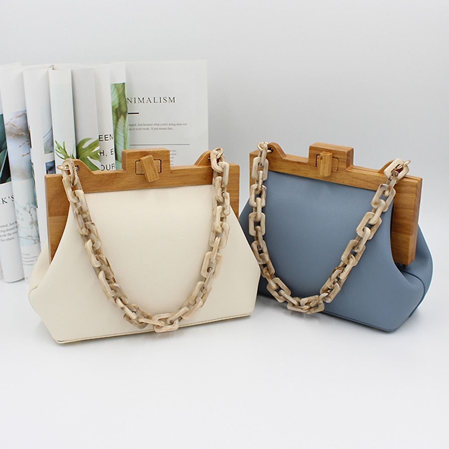 Bucket Bag Wooden Clip Bag Acrylic Chain Handbag Shoulder Purse 24*10*18 CM 1PC