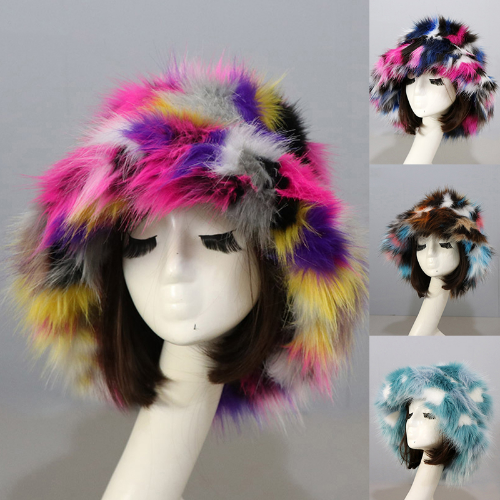 Warm Faux Fur Bucket Hats Women Outdoor Caps Fleece Cap Fluffy Ski Vacation Hat