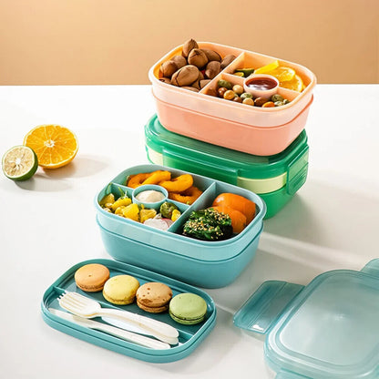Bento Box 3 Layer Stackable Microwave Lunch Container Cutlery Set 21.5x14.5x10cm