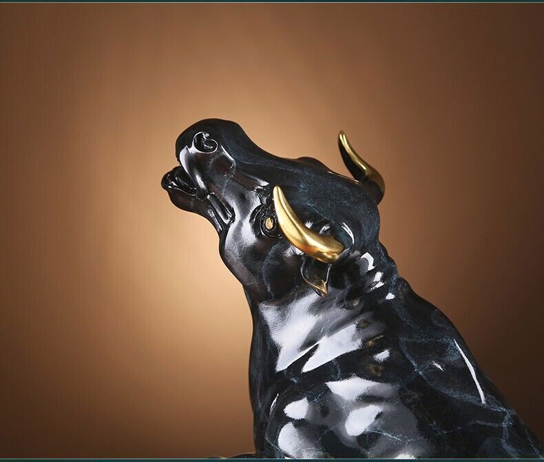 9" Chinese House FengShui Brass Copper Wealth cattle Bull Cow ox animal Statue