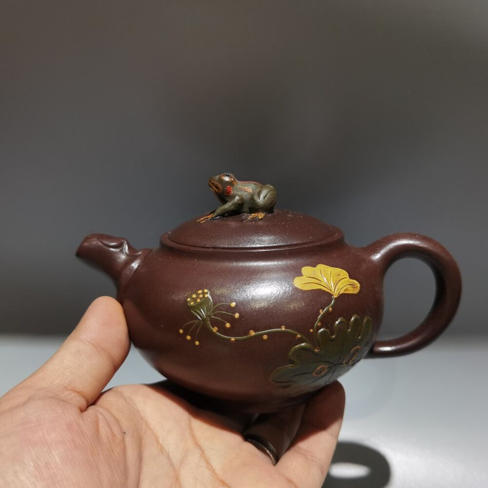 Vintage Chinese Yixing Purple Clay Teapot Zisha Ceremony Frog Lotus Leaf Tea Set