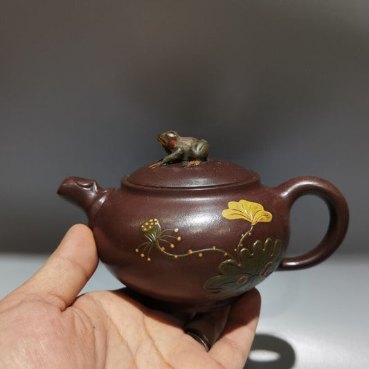 Vintage Chinese Yixing Purple Clay Teapot Zisha Ceremony Frog Lotus Leaf Tea Set
