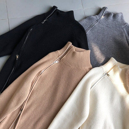 Women's Turtleneck Zipper Sweater Gray White Black High Neck Jumper