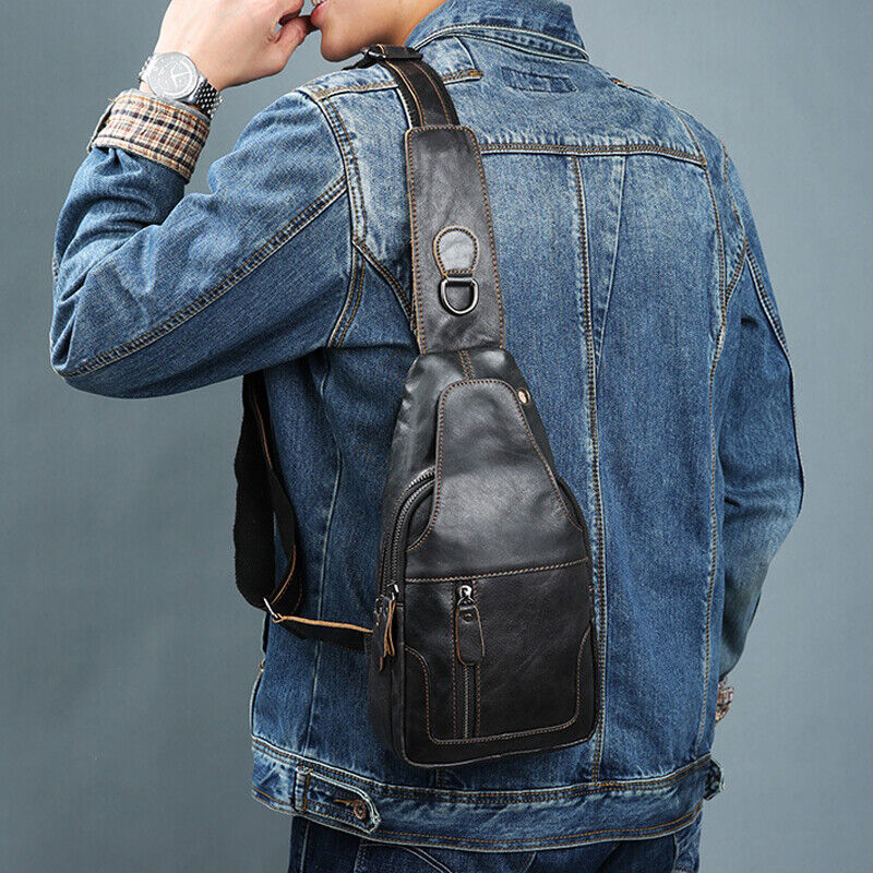 100% CowhideLeather Men's Cross Body Bag Shoulder Bag Sling Backpack for Hiking