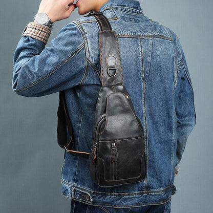 100% CowhideLeather Men's Cross Body Bag Shoulder Bag Sling Backpack for Hiking