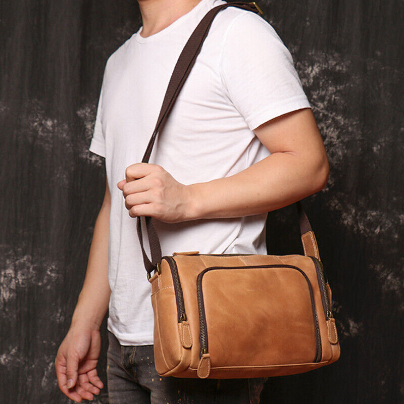100% Crazy Horse Leather Men's Shoulder Bags Handmade CylinderCrossbody IPAD Bag