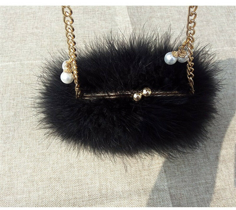 New Designer Fluffy Genuine Feather Clutch Fur Bag Round Chain Purse Multi-color
