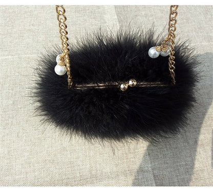 New Designer Fluffy Genuine Feather Clutch Fur Bag Round Chain Purse Multi-color