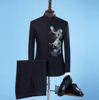 New Mens Chinese Embroidered Stand Collar Suit Slim Fit Jacket Pants Coat 2 Pcs