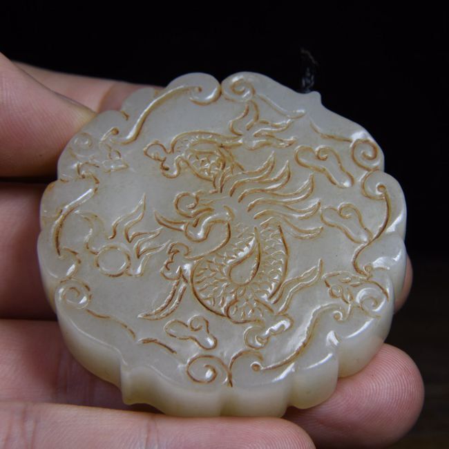Chinese Natural Hetian Jade Carved Dragon Phoenix Statue Lucky Pendants Jewelry