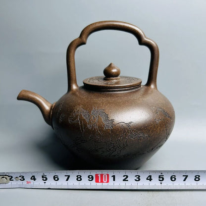 Vintage Chinese Yixing Purple Clay Teapot Zisha Ceramic Carving Horse Teaware