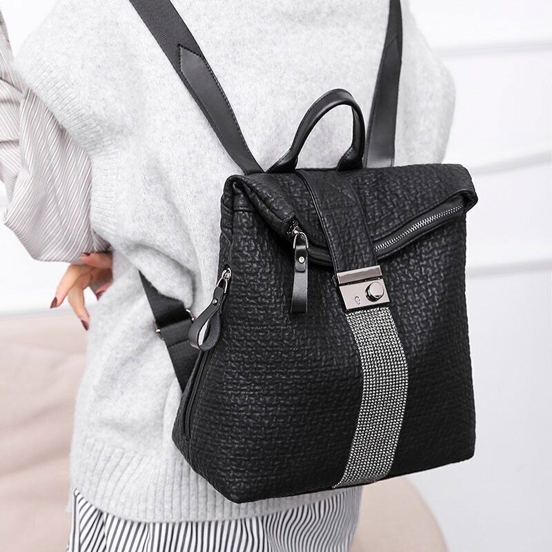 Women Leather Black Backpack School Backpacks Girls Travel Bagpack