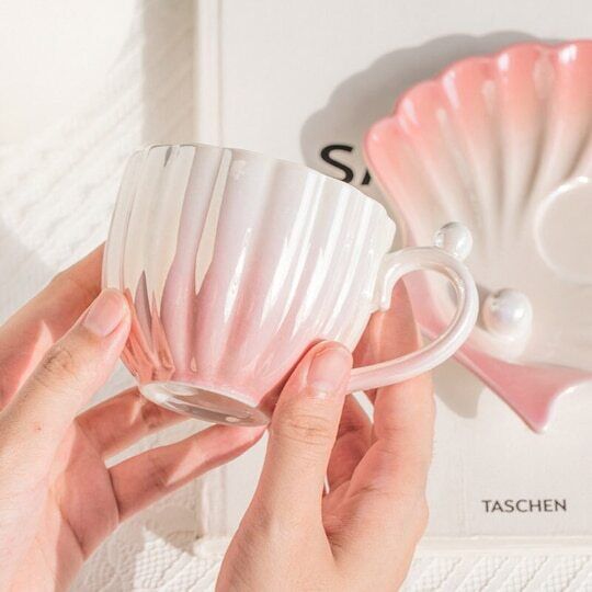 Ceramic Pearl Shell Cup with Dish Bright Coffee Cup for Girl