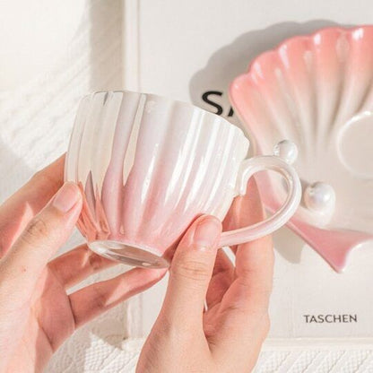 Ceramic Pearl Shell Cup with Dish Bright Coffee Cup for Girl