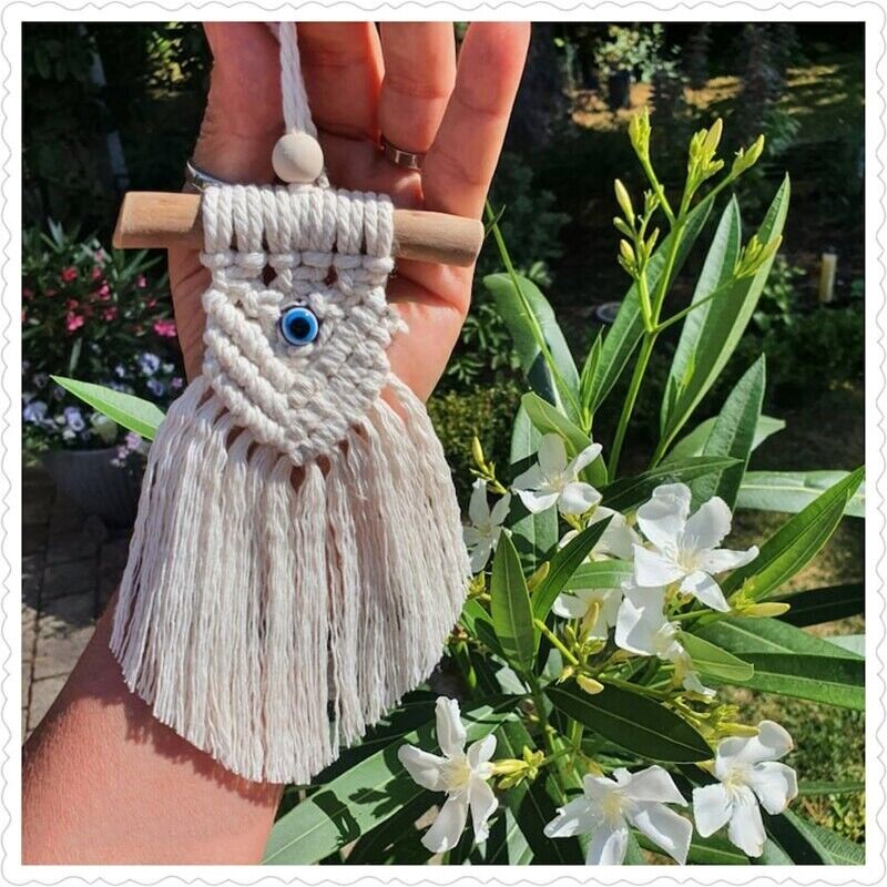 Wall Hanging Macrame Lucky Eye Glass Blue Turkish Pendant Handmade Decor 8x20cm