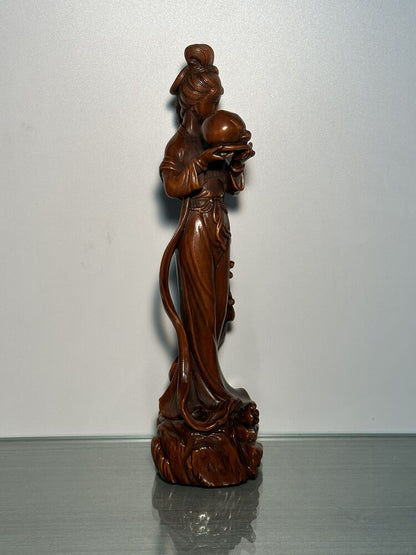 Old Chinese Boxwood Carving Pretty Woman Statue Woodwork Sculptures Collection