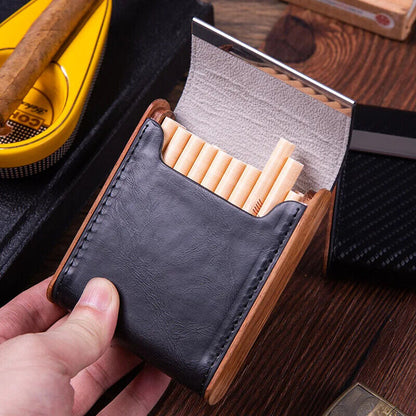 Cigarette Cases Solid Wood Leather Cigar Tobacco Holders Pocket Storage 9x10x2cm