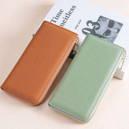 Togo Leather Women's Long Wallet, RFID Blocking Card Holder Zipper Clurch bag
