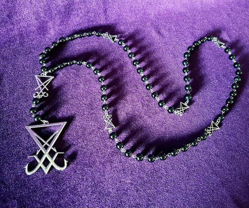 Sigil Lucifer Necklace Small Red Black Agate Satan Baphomet Glass Crystal Beads