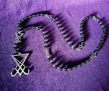 Sigil Lucifer Necklace Small Red Black Agate Satan Baphomet Glass Crystal Beads