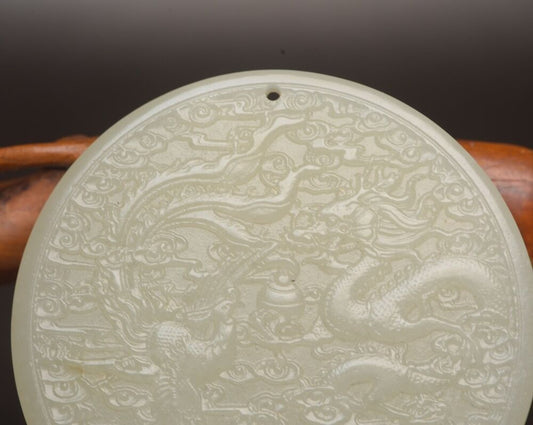 Top Chinese Natural Hetian Jade Carved Dragon Phoenix Statue Lucky Jade Pendant