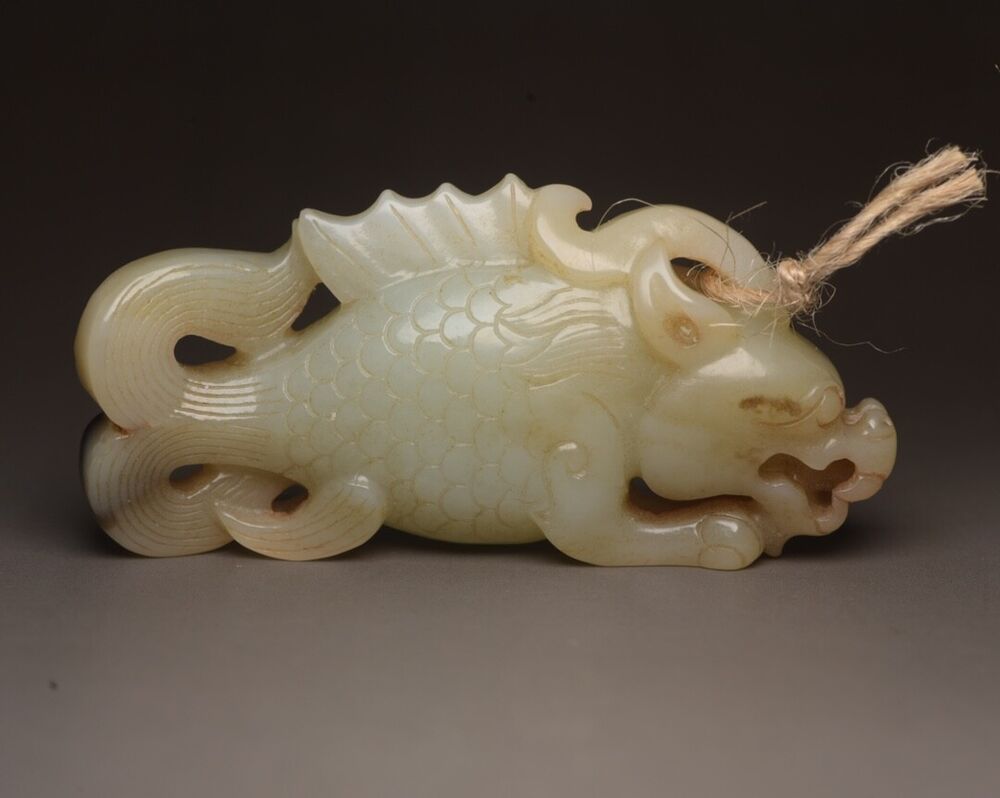 Old Peking Chinese Hetian Jade Carving Dragon Fish Statue Unique Wonderful Art