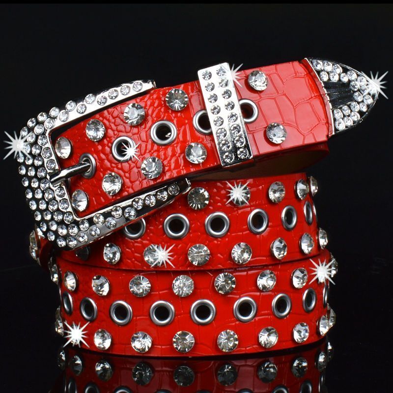 Women Leather Belt Rhinestone Fashion Men Casual Bling Jeans Waistband 110x3.3cm