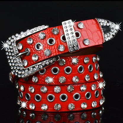 Women Leather Belt Rhinestone Fashion Men Casual Bling Jeans Waistband 110x3.3cm
