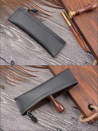 Handmade Cowhide Leather Pen Bag Zipper Pencil Case Vintage Stationery Storage
