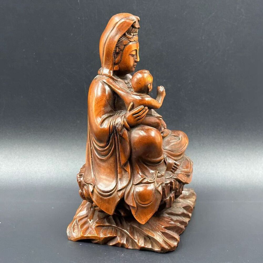Collection Chinese Boxwood Carving Kwan Yin Statue Wooden Sculptures Home Decor