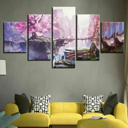 Anime Fantasy Cherry Blossom Landscape 5 Piece Canvas Print Wall Art Home Decor