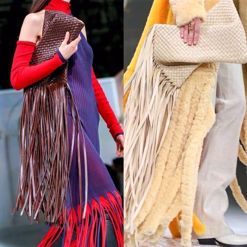 Tassel Clucth Bags Women Leather Woven Lady Handbags Bag Large Party Female