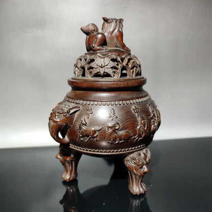 Boxwood Tripod Censer buddha incense holder lion statue Animal figurines antique