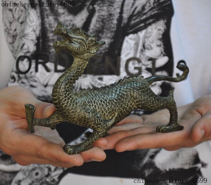 China Old Bronze Feng Shui Auspicious Dragon Loong Dragons Zodiac Animal Statue