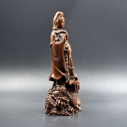 Chinese Boxwood Carving Dragon Kwan Yin Statue Sculptures Home Livingroom Decor
