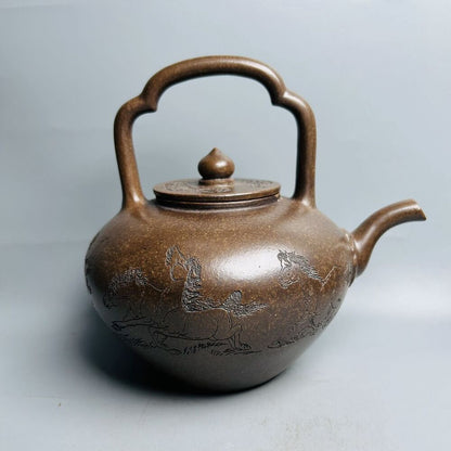 Vintage Chinese Yixing Purple Clay Teapot Zisha Ceramic Carving Horse Teaware