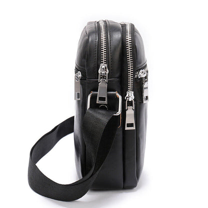 100% Cowhide Leather Double Zipper Shoulder/Messenger Bag Black Men's Sling Bag