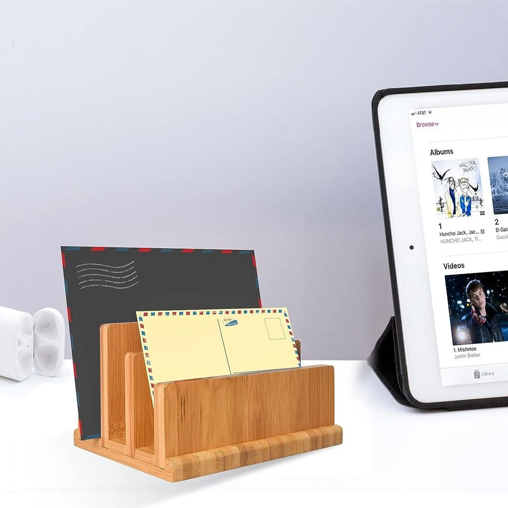 Bamboo Mail Organizer with Rubber Feet Sorter for Office Home with 3 Slots