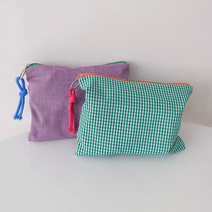 Plaid Makeup Cotton Linen Cosmetic Bag Zipper Pouch Storage Bags 21*17 CM Square