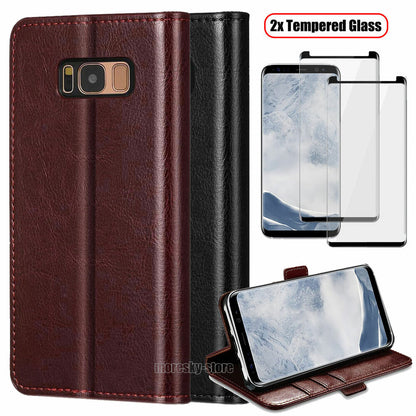 For Samsung Galaxy S8 /S8 PLUS Case, Shockproof Leather Cover + Tempered Glass