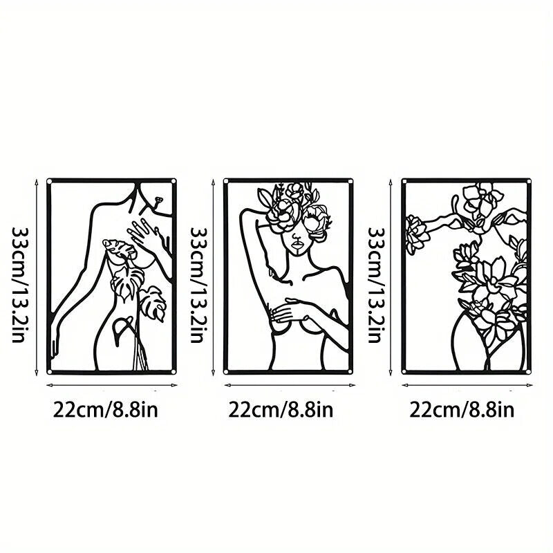 3pc Minimalist Abstract Woman Wall Art - Metal Line Drawing Home Decor