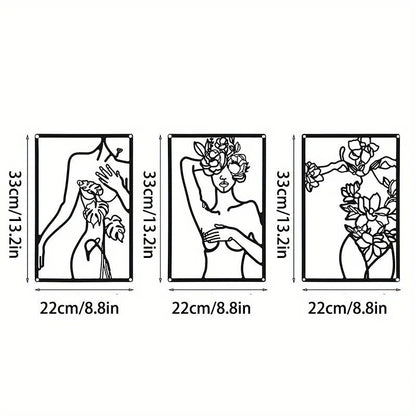 3pc Minimalist Abstract Woman Wall Art - Metal Line Drawing Home Decor