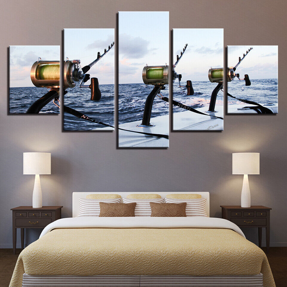Deep Sea Fishing Rod Blue Ocean Seascape Canvas Print Painting Wall Art Decor 5P