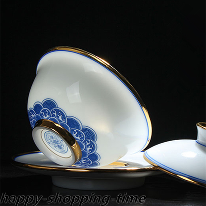 Luxury Chinese Top White Porcelain Pu'er Tea Set Gaiwan Tea Cup Saucer Pitcher