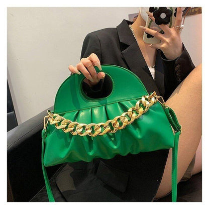 Handbag Thick Chain Handle Pleated Shell Bag Clutch Purses Crossbody Long Belt